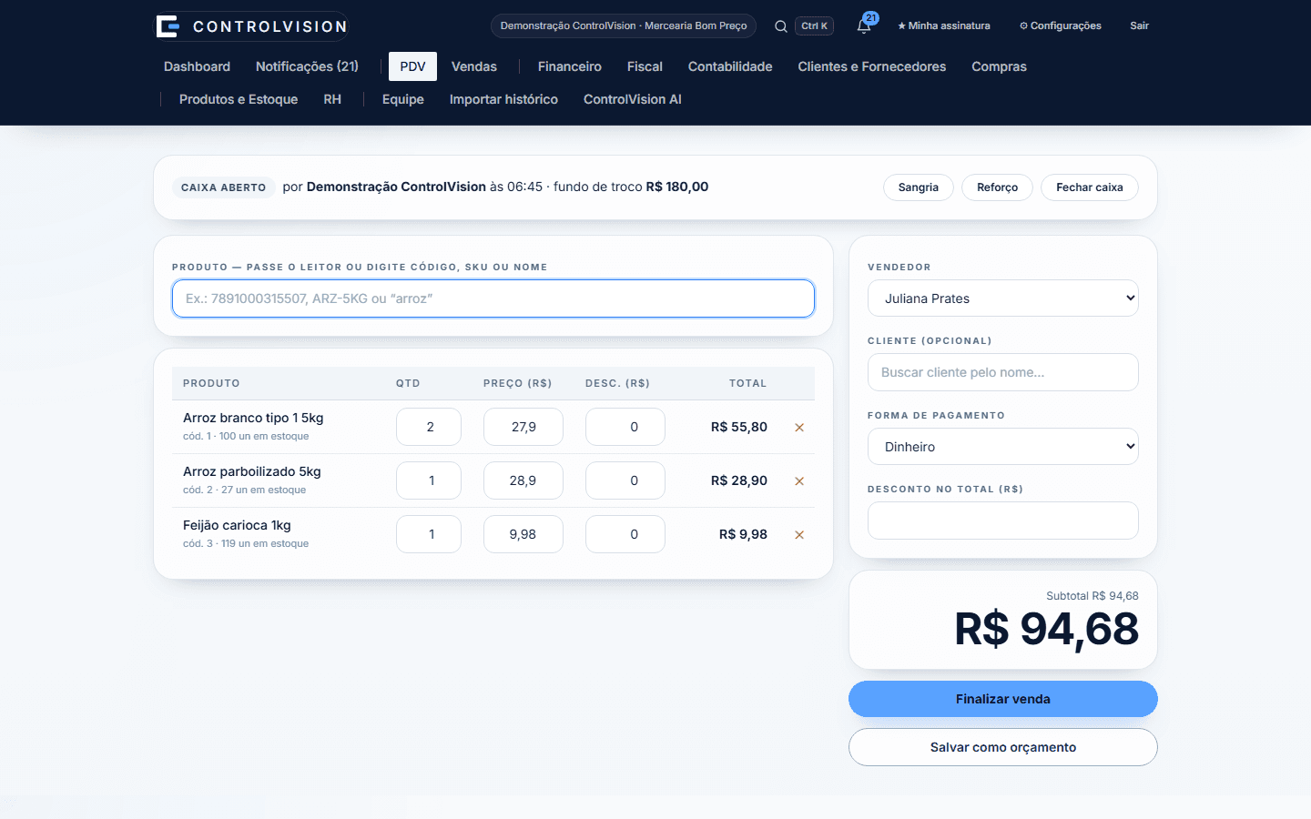 PDV real do ControlVision com produtos, quantidades e total de uma venda de demonstração.
