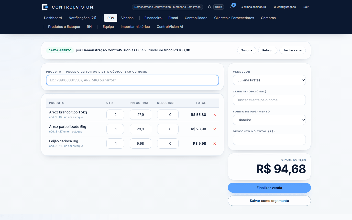 PDV real do ControlVision com produtos, quantidades e total de uma venda de demonstração.